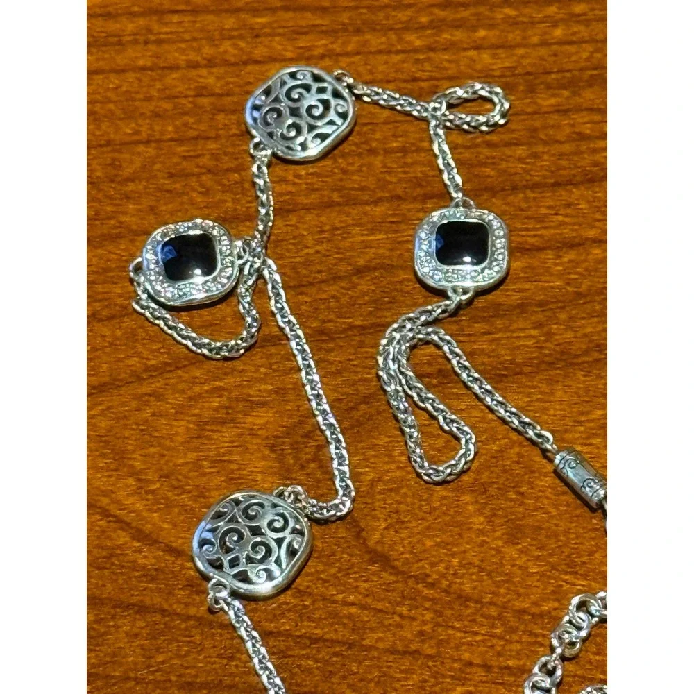 Brighton Shadow Play Silver Plated Black Enamel Scrollwork Station Long Necklace